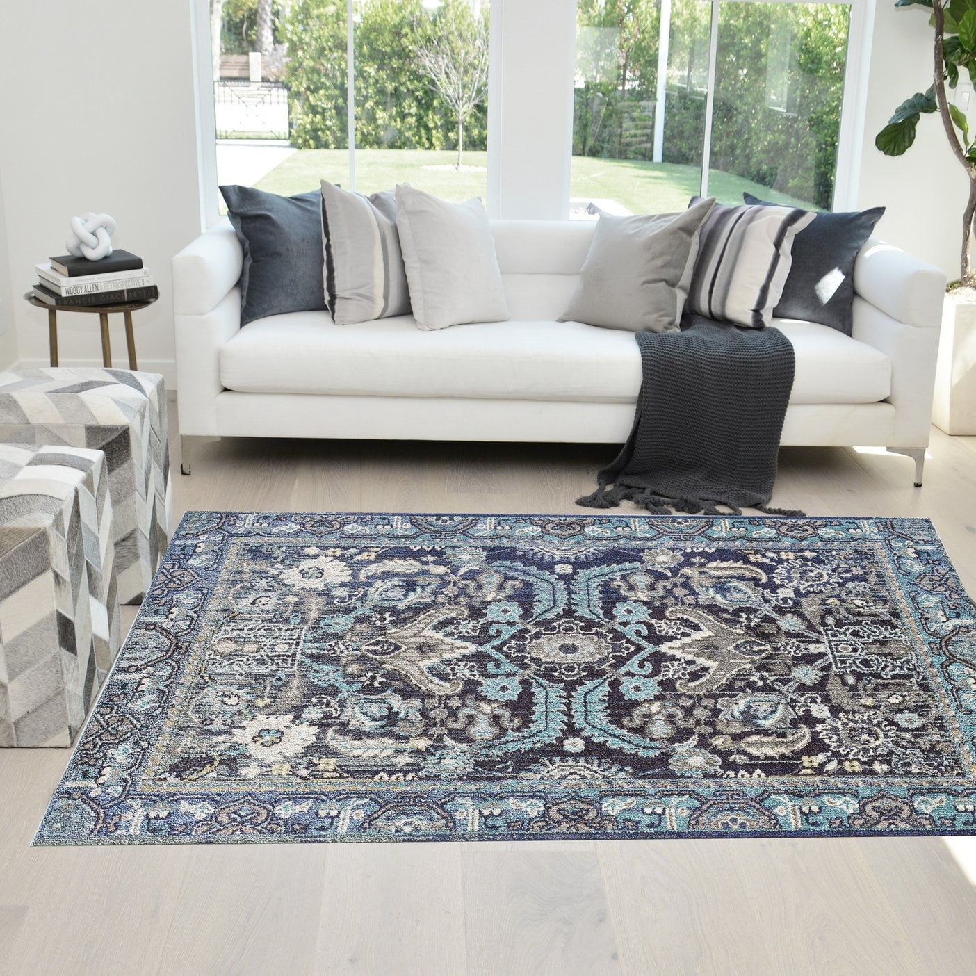 Faded Distressed Kashan Vintage Persian Area Rug/Navy Blue/Multi