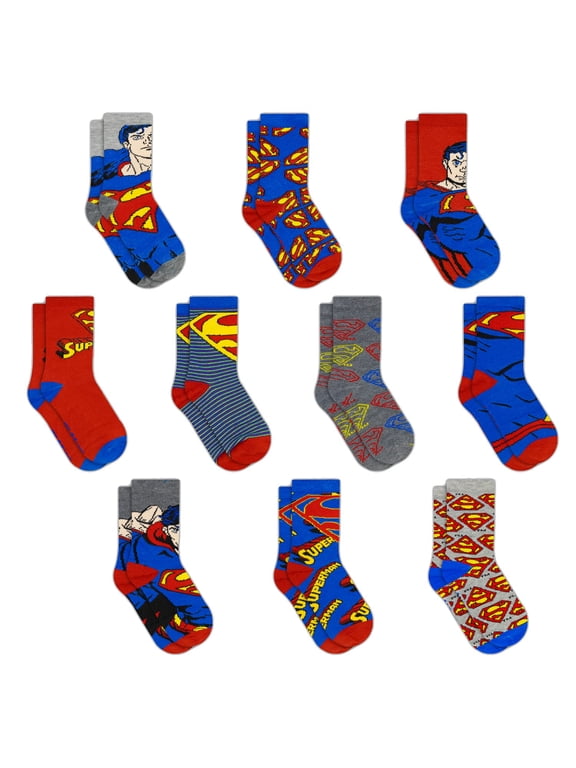 Superman Boys Socks, 10-Pack, Ages 2-10, Athletic Socks for Toddlers & Kids, Superhero Socks in Size 2-4, 4-7, 6-10, Mid-Calf Crew Socks