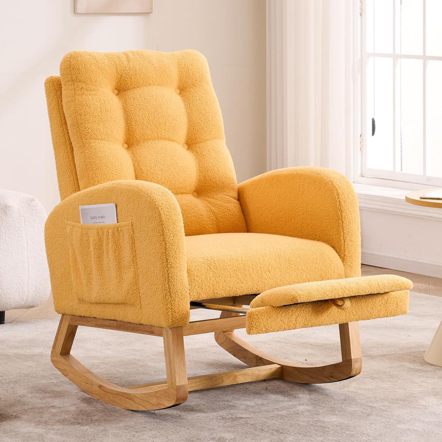 LJAN Rocking Chair,Rubber Wood Base Glider Rocking Chair with Adjustable Footrest and Side Pocket,Teddy Fleece Glider Rocker for Living Room, Bedroom
