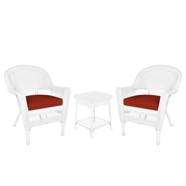 Jeco Ensemble de Conversation en Osier 3 Pcs en Blanc avec Coussins Rouge Orange
