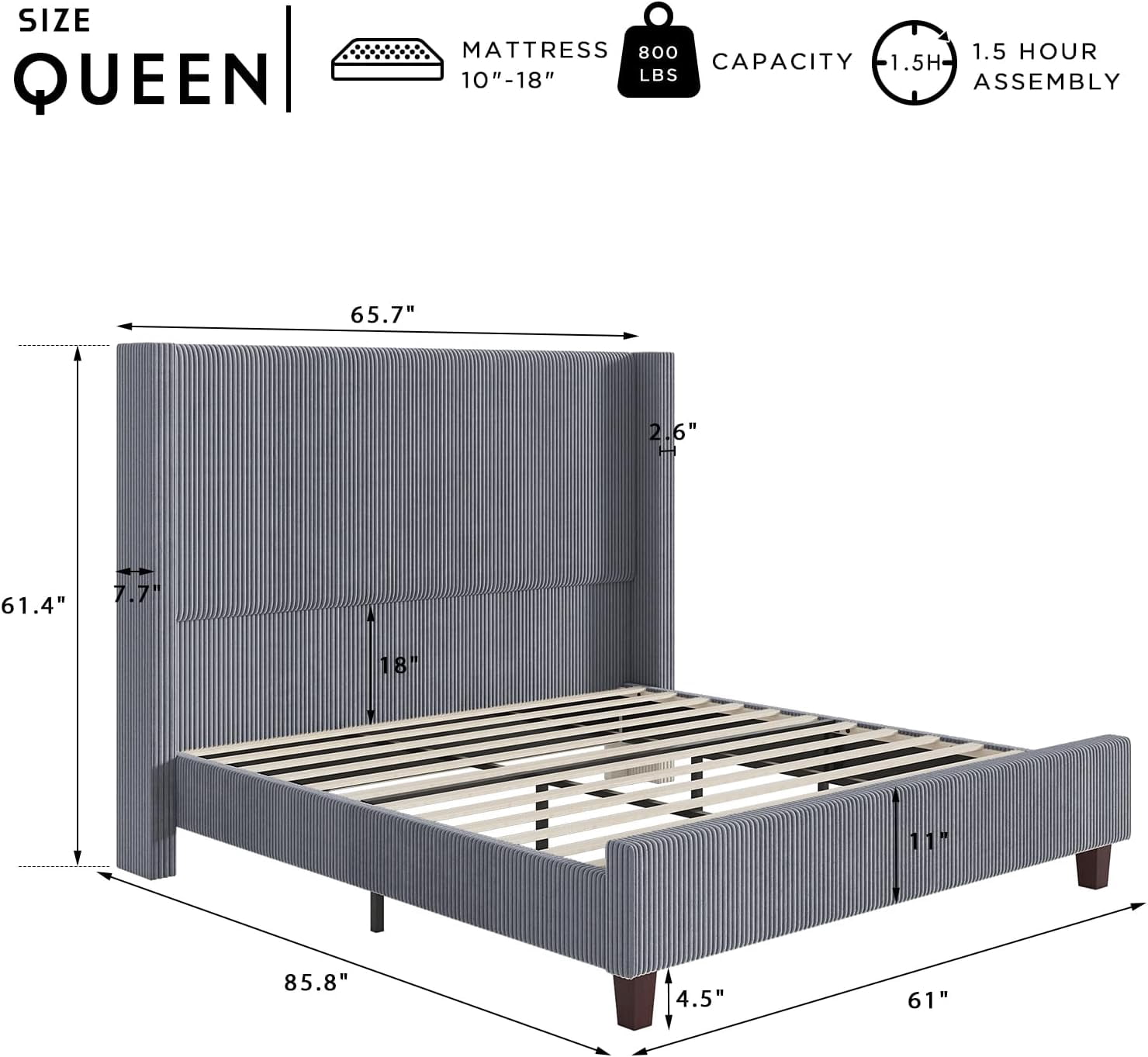 Amerlife Queen 61" Corduroy Upholstered Bed Frame with Wingback Headboard, Vertical Stripe, Grey