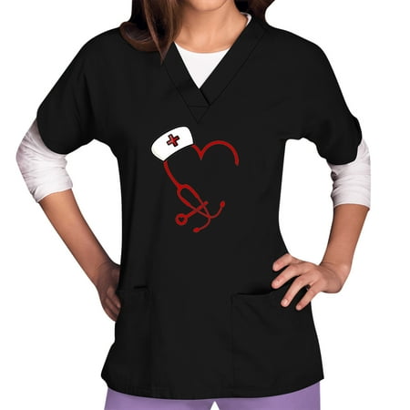 

Funicet Black and Friday Deals Womens Scrubs Tops Plus Size Short-Sleeve Nursing Uniform V Neck Working Uniform Cute Nurse Printed T-Shirts w/Pockets