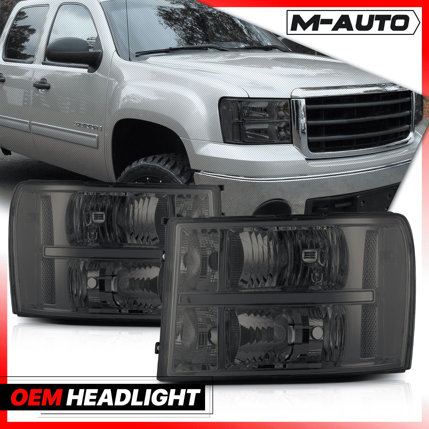M-AUTO Left+Right Headlights Assembly for 2007-2014 GMC Sierra Pickup, Chrome Housing Smoke Lens Clear Corner