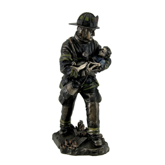 Resin Statues Firefighter Carrying Child Metallic Bronze Statue 11 Inches Tall 5 X 11 X 4.5 Inches Bronze