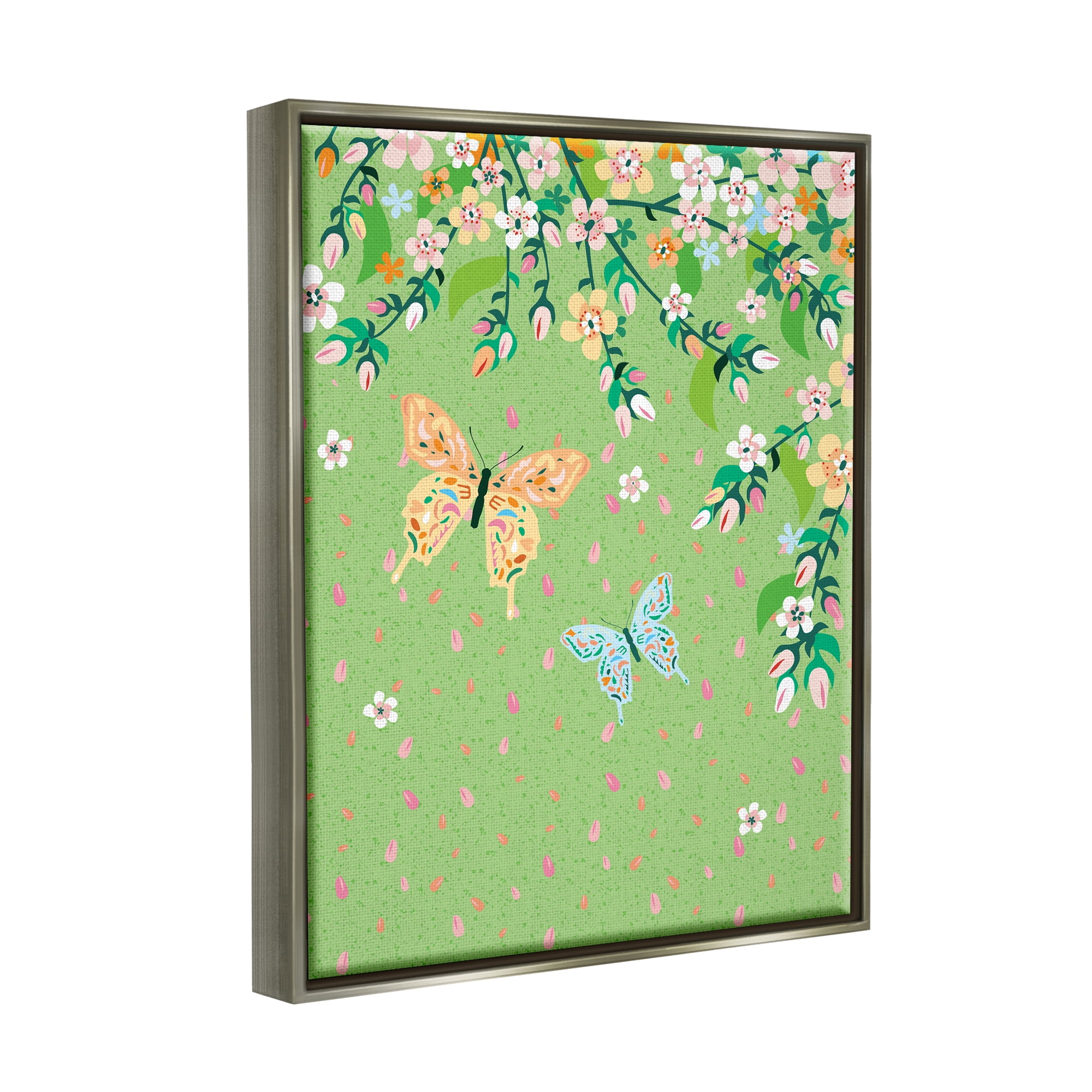 Stupell Industries Butterflies & Falling Petals Animals & Insects Painting Gray Floater Framed Canvas Art Print Wall Art, 17 x 21