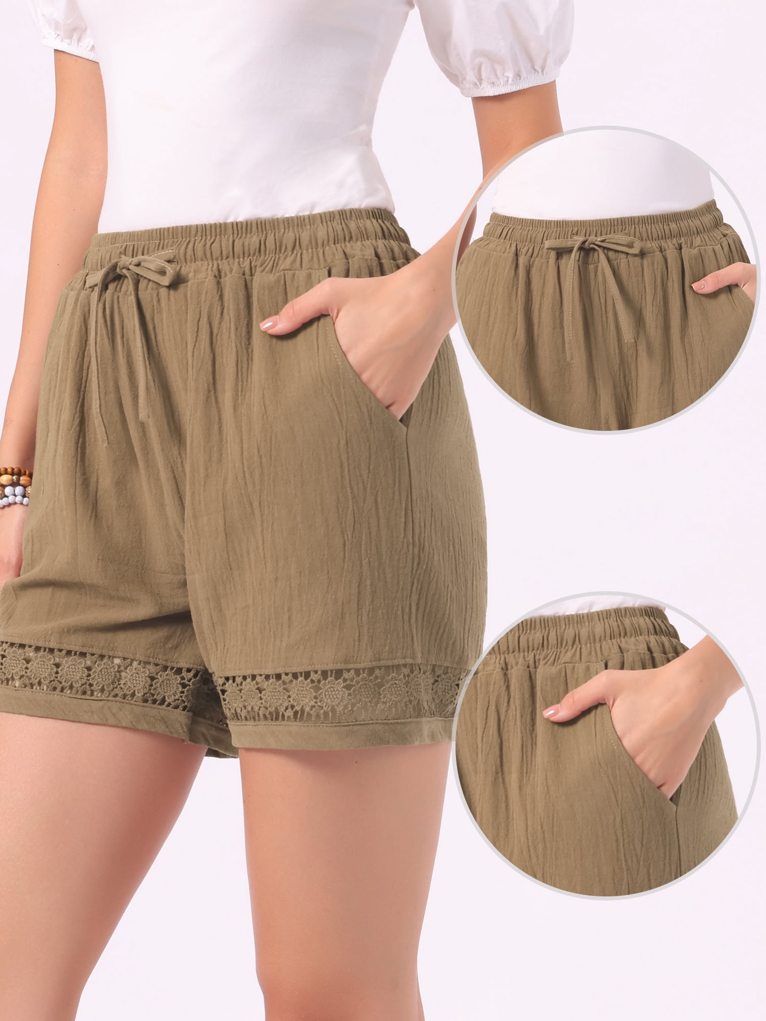 DARING DIVA Women's Beach Drawstring High Waisted Shorts with Pockets L Khaki