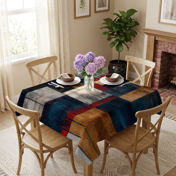 Modern Abstract Geometric Square Tablecloth 60x60 Inch Blue Red Rectangular Lines Waterproof Polyester Table Cover, Washable Stain Resistant Tablecloth for Dining Table Kitchen Wedding