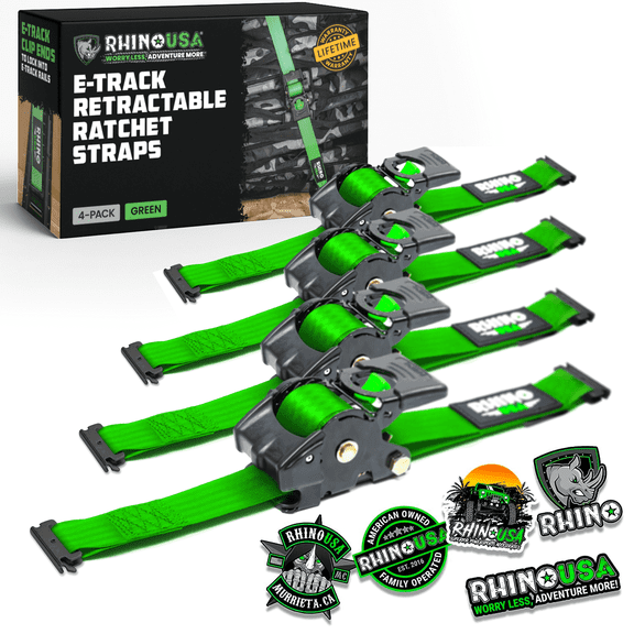 Rhino USA 2" x 10' E Track Retractable Ratchet Tie Down Straps - 3033lb Break Strength (Green 4Pack)