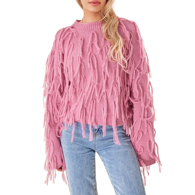 FAROOT Chandail en Tricot pour Femmes Manches Longues Col Rond à Pompons chandail-Over Uni Mode Urbaine