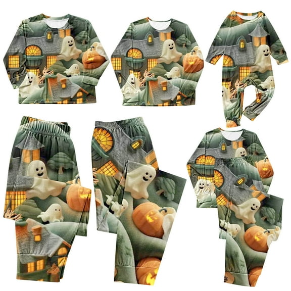 AGWOLF Matching Family Halloween Pajamas Sets Halloween Printed Family Outfits Sets 2024 Casual Long Sleeve Top with Bottom Home Wear Loungewear Sleepwear 2 Piece Jammies Sets Dad M