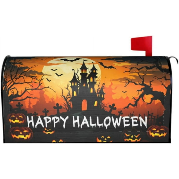 Happy Halloween Mailbox Cover Starry Night Haunted House Pumpkin Magnetic Mailbox Covers Halloween Mailbox Brunt Orange Large Post Letter Box Covers Garden Yard Home Decor for Outside 21" x18"