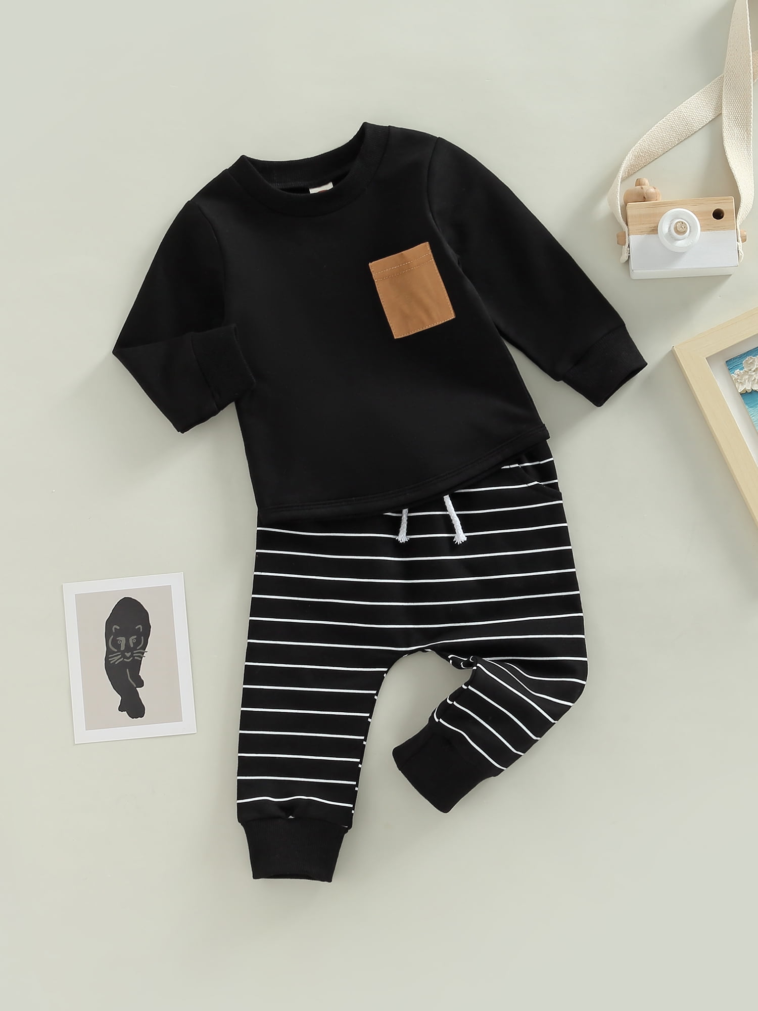 2pcs Baby Solid Textured Cotton Long-sleeve Top and Trousers Set