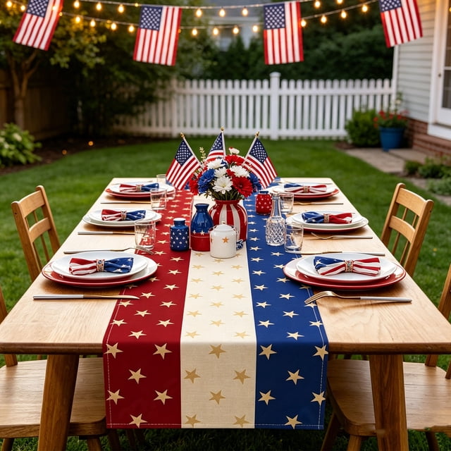 Linen Independence Day Tablecloth Waterproof Stain Resistant Table Cover, Patriotic Party Tablecloth for BBQ Picnic Dining Table Kitchen Home Holiday Celebration Decor