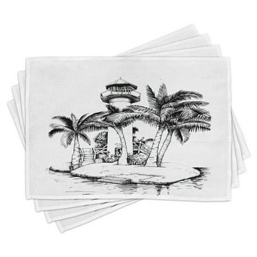 Ambesonne Tropical Place Mats Set of 4, Lighthouse Island Tree, Standard Size, Black White