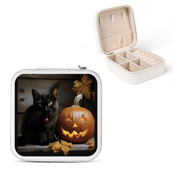 Autua Cute Cat Travel Jewelry Case for Necklaces, Rings, Earrings - Compact and Portable Jewelry Organizer Box with Zipper Closure White