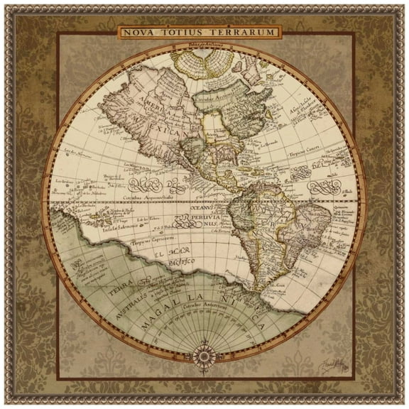 Amanti Art Damask World Map I Framed Canvas Wall Art Print