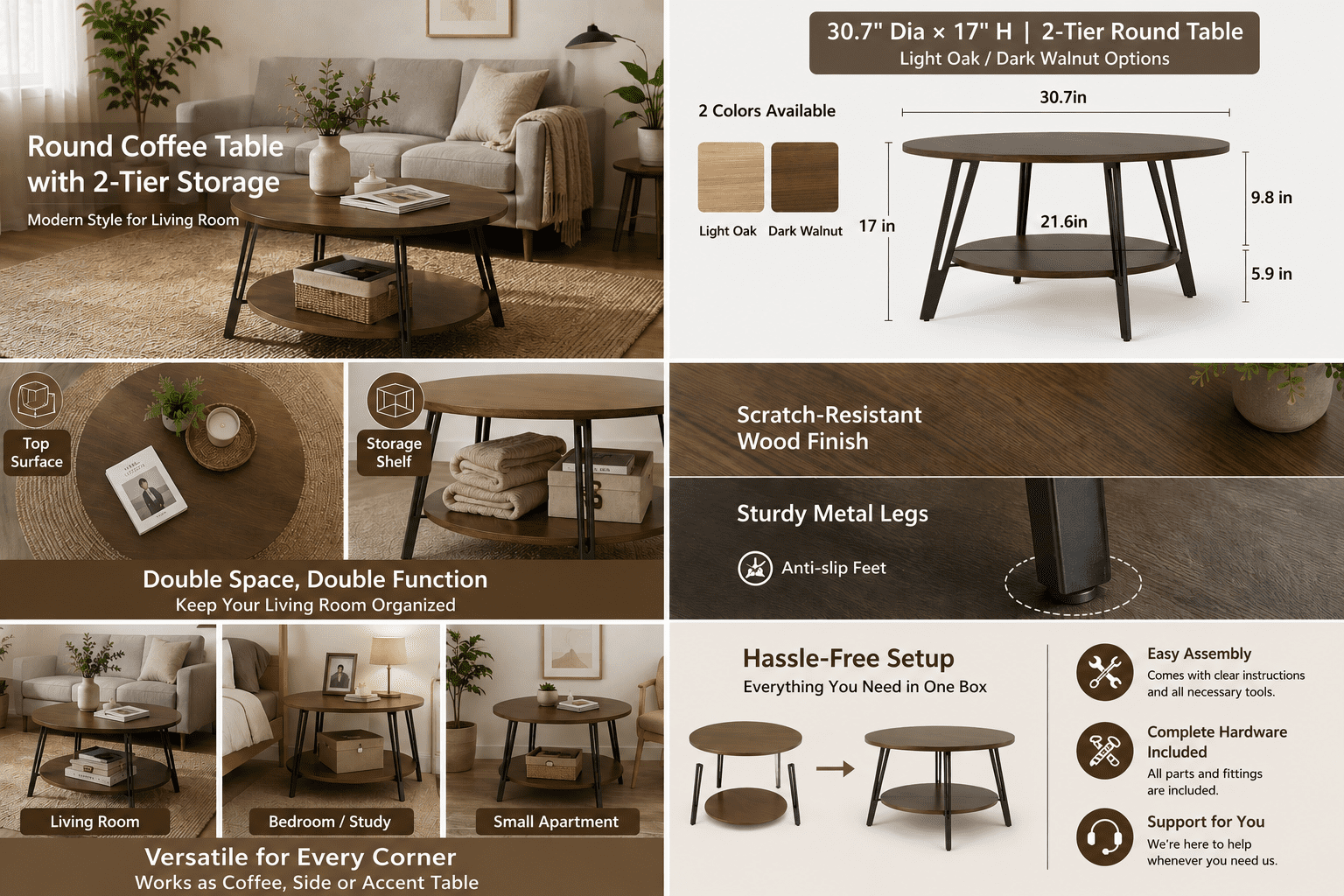 Manora Round Coffee Table with Storage 2-Tier Design, Vintage Coffee Table for Living Room, Walnut