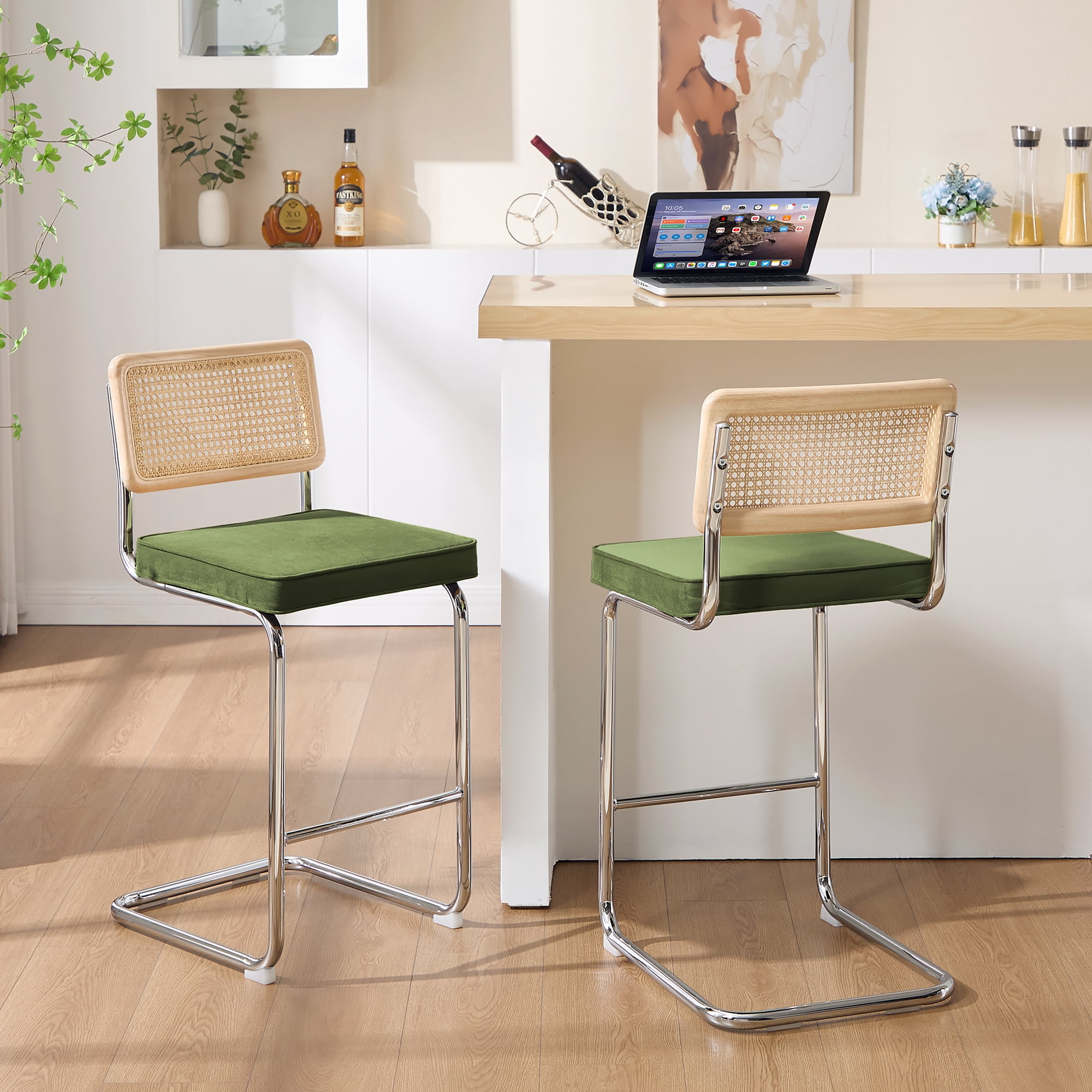 Zesthouse Rattan Bar Stools Set of 2, 26″ Velvet Counter Height Chairs with Cane Back & Chrome Legs, Mid Century Cantilevered Design Barstools for Kitchen Island, Green