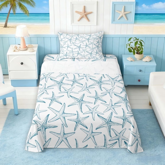 Manfei Watercolor Blue Starfish Twin Sheet Sets for Kids Boys and Girls, Kawaii Ocean Wildlife Bedding 3pcs, 1 Flat Sheet, 1 Fitted Sheet and 1 Pillowcase