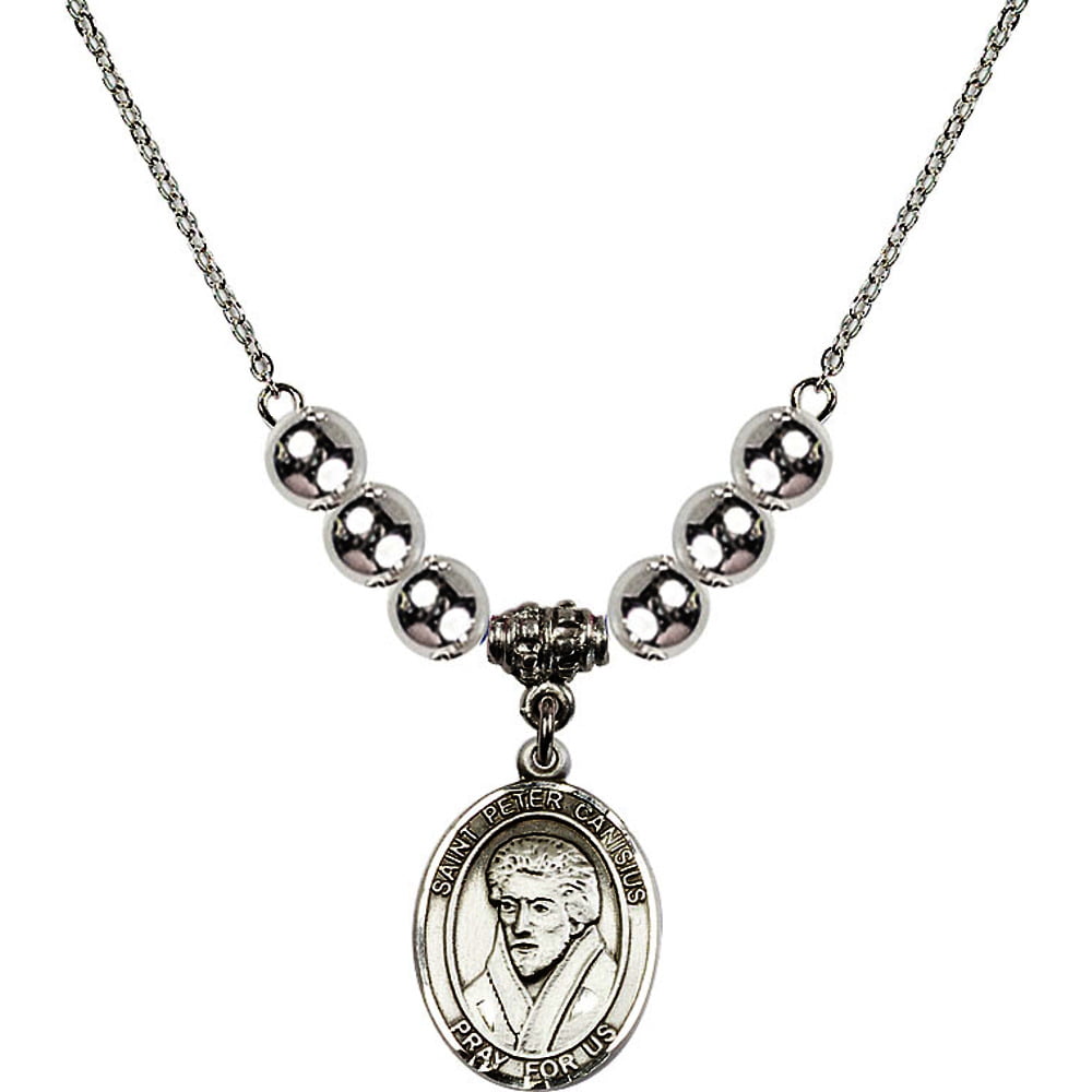 18-Inch Rhodium Plated Necklace with 6mm Jet Birthstone Beads and Sterling Silver Saint Peter Canisius Charm.