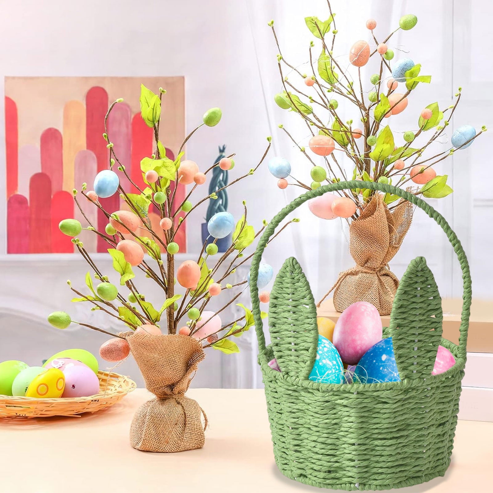 2 Packs Easter Bunny Basket with Long Ears Woven Storage Tote Bag for Easter Eggs Decorations Kids Gift Organizer Home Party Supplies Multicolor 26x20x16cm