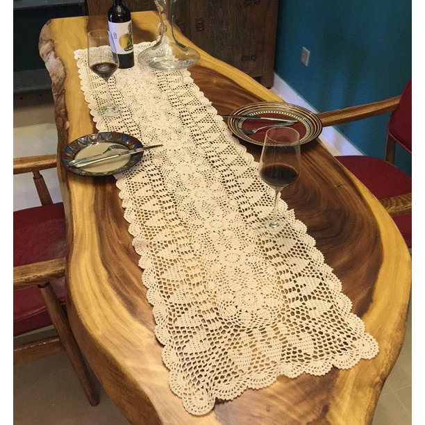 Elegant Beige Handmade Crochet Doilies Cotton Table Runner Lace Doilies