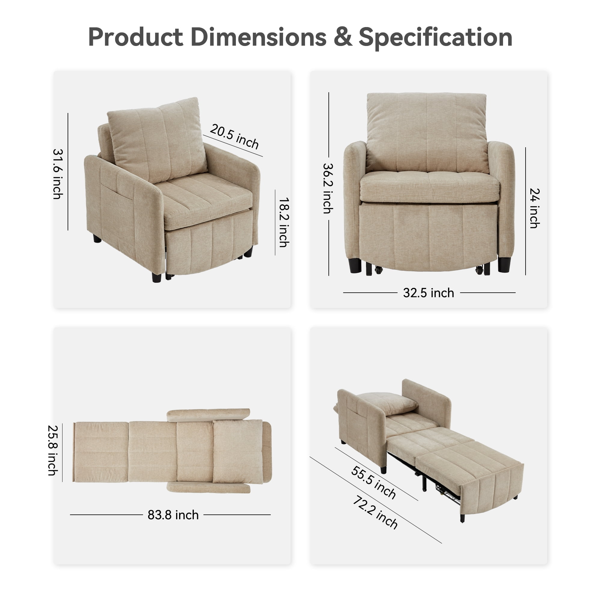 YIKEMA 4-in-1 Convertible Sleeper Chair Bed, 84 Inch Extra Long Pull Out Sofa for Tall Guests, Adjustable Backrest Lounge with Side Storage & Metal Frame, 500 lbs Capacity, Light Brown
