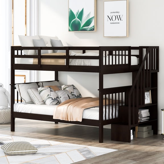 Generic Stairway Full-Over-Full Bunk Bed with Storage and Guard Rail for Bedroom, Dorm, Espresso