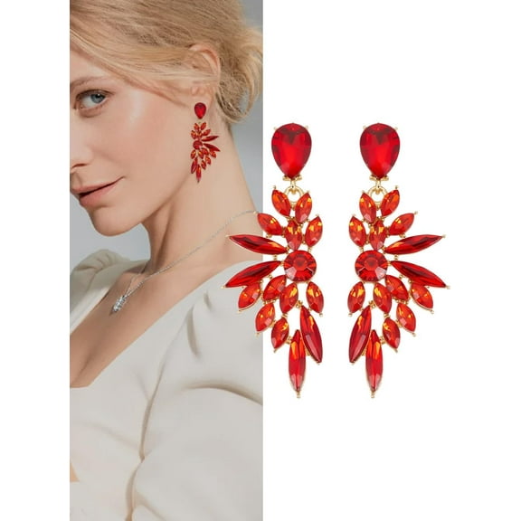 Red Rhinestone Statement Earrings Cluster Drop Dangle Earrings Teardrop Chandelier Earring Jewelry Gifts