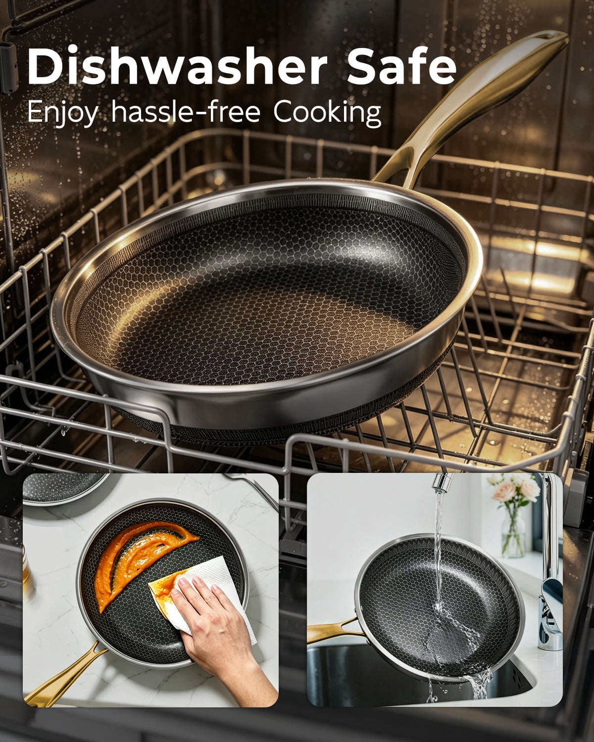 FogDream Non Stick Frying Pans Set, 10 & 11 Inch Tri-Ply  Stainless Steel Pans with Lids  for All Cooktops, Dishwasher & Oven-Safe Cooking Pan,Gold
