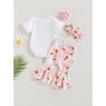 thumbnail image 5 of Arvbitana 3Pcs Infant Baby Girl Romper Pants Suit 0 3 6 9 12 18 Months Short Sleeve Round Neck Romper Shirt Top+ Long Bell-Bottoms Trousers Outfit + Head Band, 5 of 9