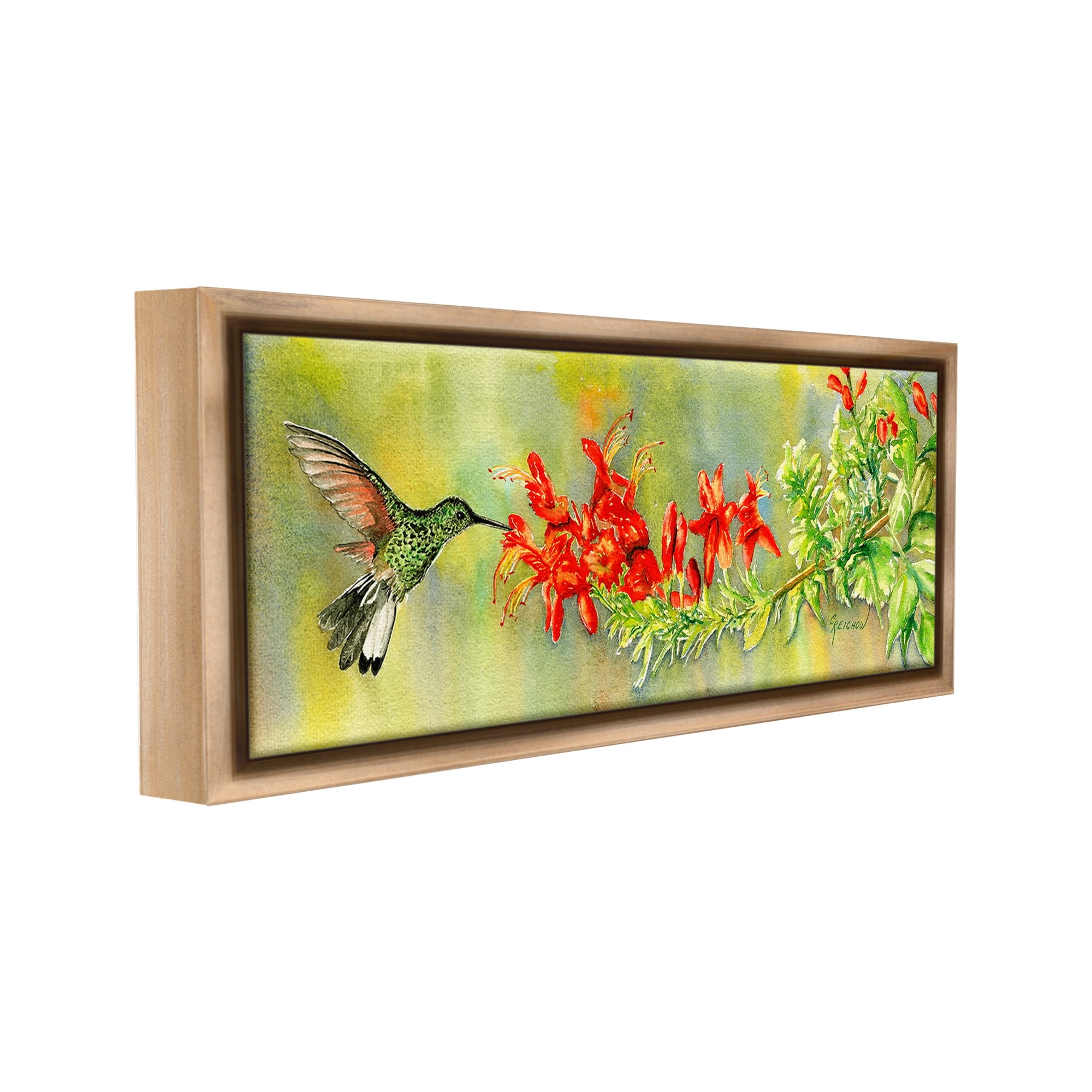 Stupell Industries Hummingbird & Red Lilies Animals & Insects Painting Brown Floater Framed Canvas Art Print Wall Art, 31 x 14