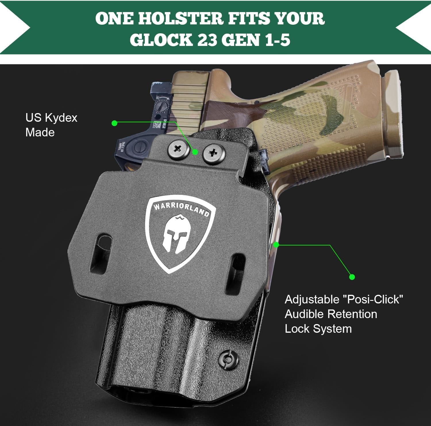 OWB Kydex Paddle Holster, For Glock 23 gen 1 2 3 4 5 pistol, Optics Cut & Adj. Cant, Left Hand