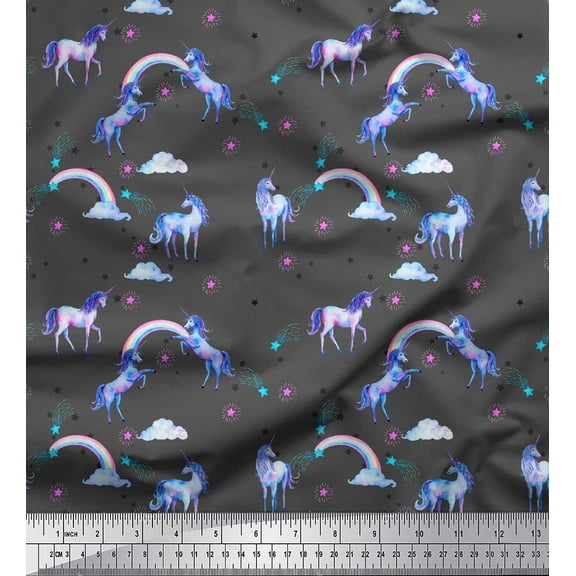Soimoi Gray Velvet Fabric Unicorn & Rainbow Nature Printed Fabric 1 Yard 58 Inch Wide