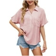 thumbnail image 2 of Wiyuqeen Button Down Pullover T-shirts Women Basic Solid Color Rolled Short Sleeve V Neck Shirts Blouses with Pockets Loose Comfy Summer Tees, 2 of 4