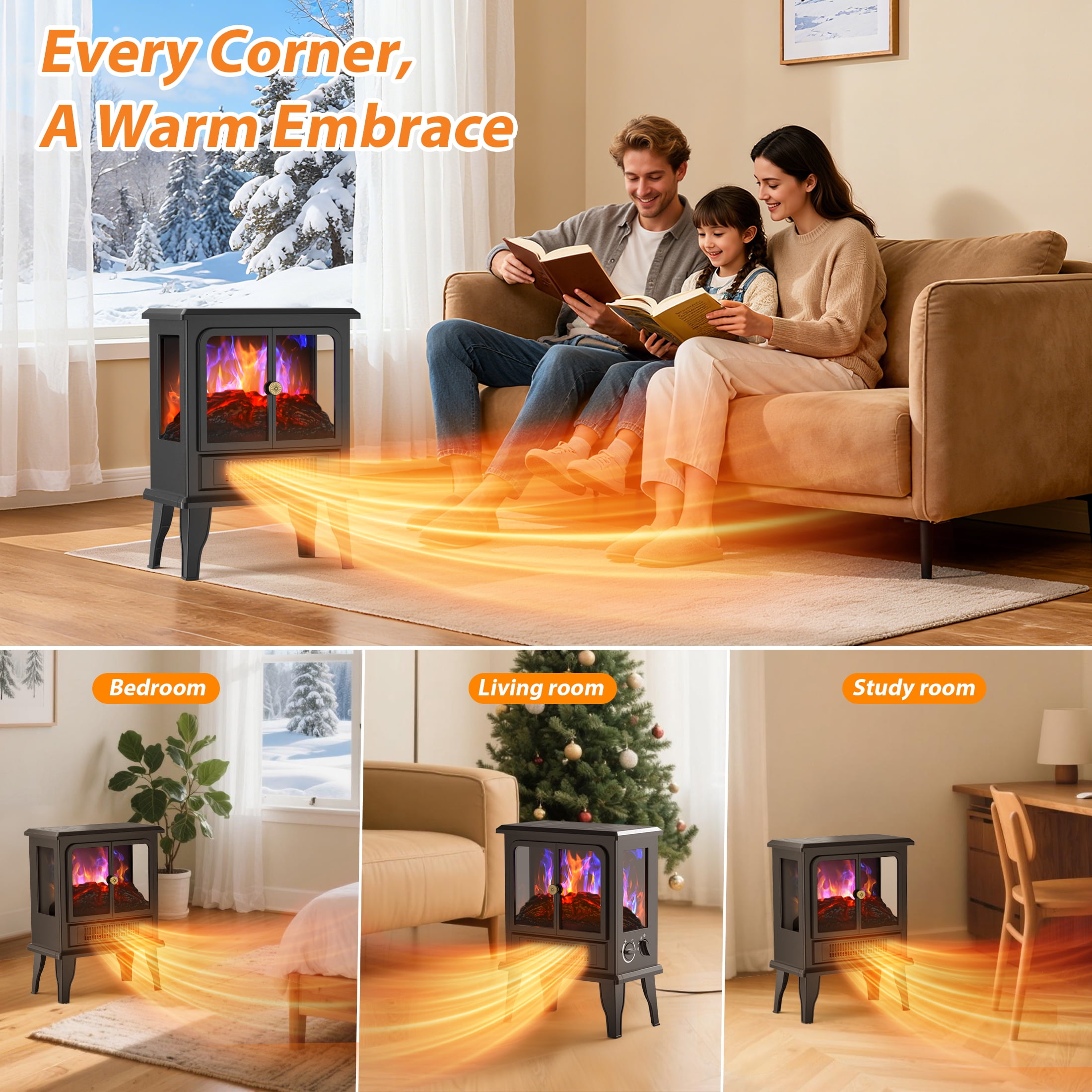 PRO CHOICE Electric Fireplace Infrared Stove Heater, 18" Portable Freestanding Space Heater W/3D Flame, 1500W, Black
