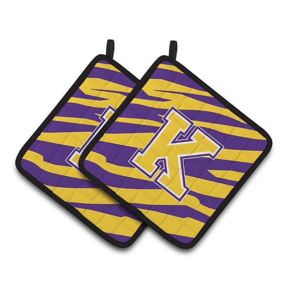 Letter U Monogram - Tiger Stripe - Purple Gold Pair of Pot Holders