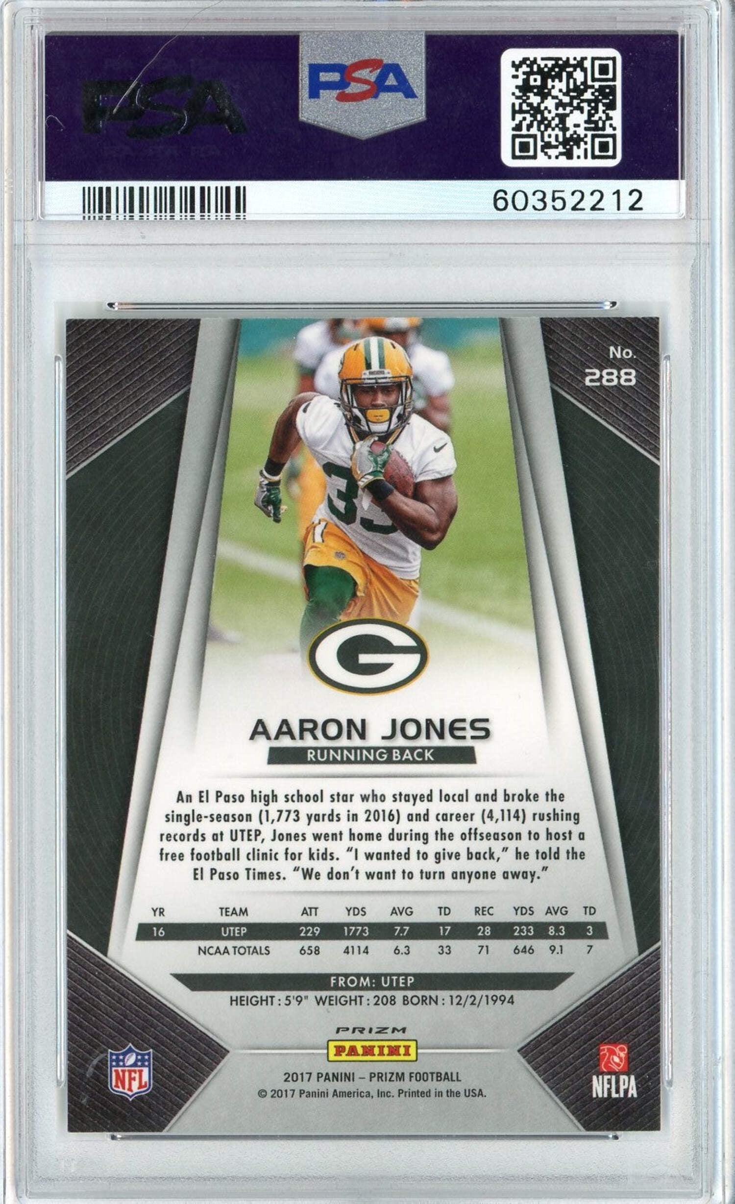 Graded 2017 Panini Prizm Aaron Jones #288 Prizm Rookie RC Football Card PSA 10 Gem Mint