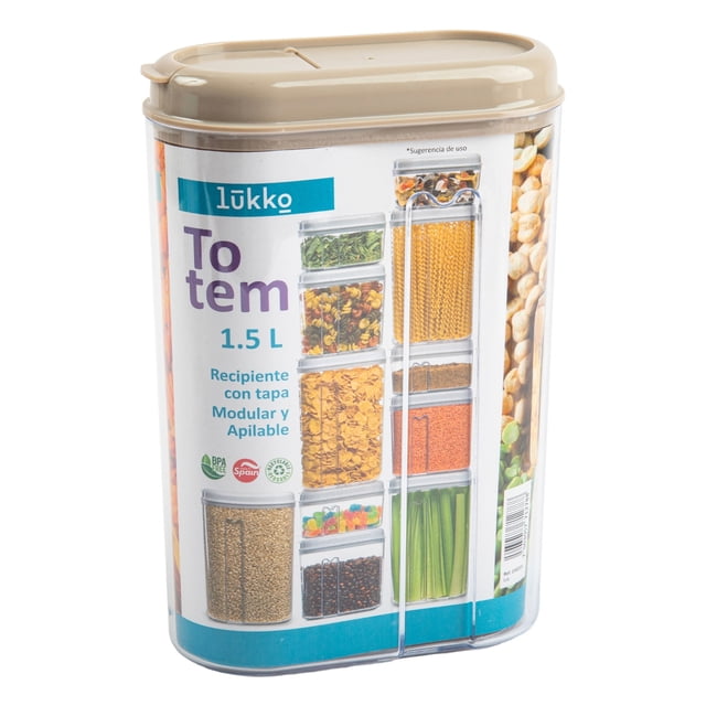despachador lukko de cereal 1.5 l dispensador cerealero Lukko 1.5 L, vista frontal centrada de recipiente translúcido rectangular con tapa beige y palanca lateral para dosificar; etiqueta muestra marca Lukko y ejemplos de granola, semillas y snacks; apilable, pensado para organizar la despensa y también usado para almacenar ingredientes secos en la cocina.