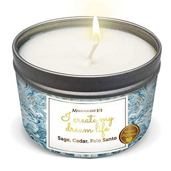 MAGNIFICENT 101 Affirmations Sage, Cedar, Palo Santo, Sprinkle of sage Leaves Smudge Candle for House Energy Cleansing, Banishes Negative Energy - Soy Wax Tin Candle (I Create My Dream Life)