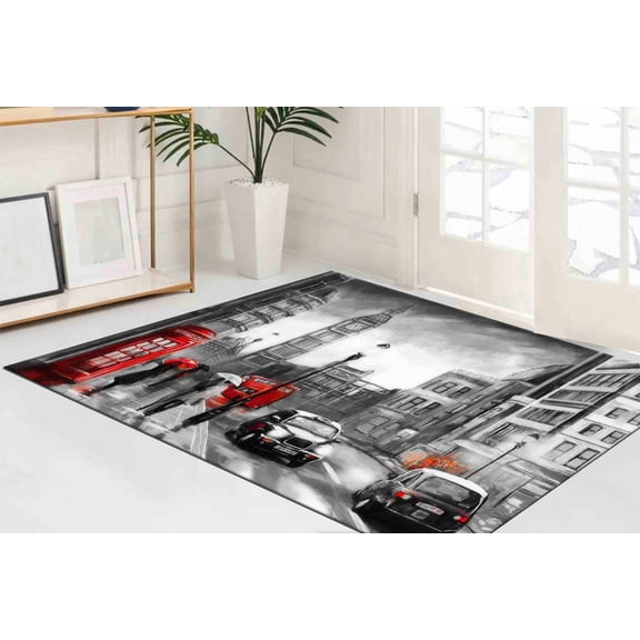 Red Umbrella Rugs, 3D Printeds Rug, View Rug, Non-Slip Carpet Rug, Rainy Day Rugs, London Telephone Box Painting Rug, Corridor Rugs, 2.6'x6.5' - 80x200 cm