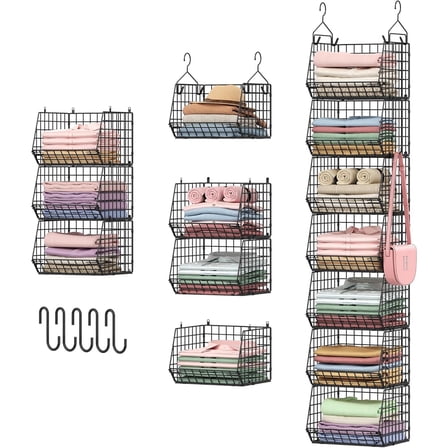 7 Tier Foldable Hanging Closet Organizer and Storage,Wire Closet Shelving with 5 S Hooks,Hanging Basket for Clothes Sweaters Shoes Handbags,Small Closet Organizers for Wardrobe Kitchen Laundry Room