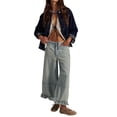 thumbnail image 2 of Women Ruffle Hem Wide Leg Jeans Mid Rise Cropped Denim Pants with Pockets Light Blue M, 2 of 9
