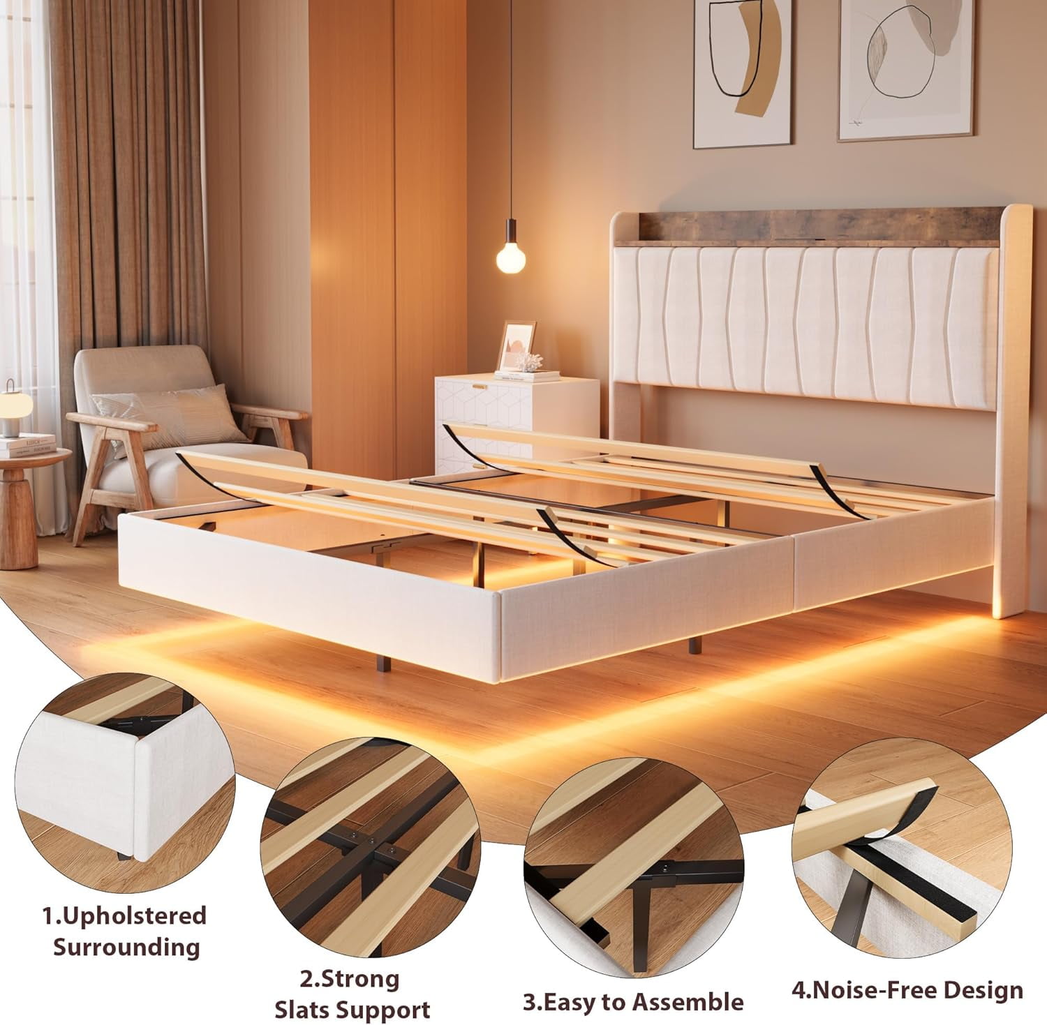 Queen Floating Bed Frame with LED Lights & Charging Station, Upholstered Platform Bed with Storage Headboard, White