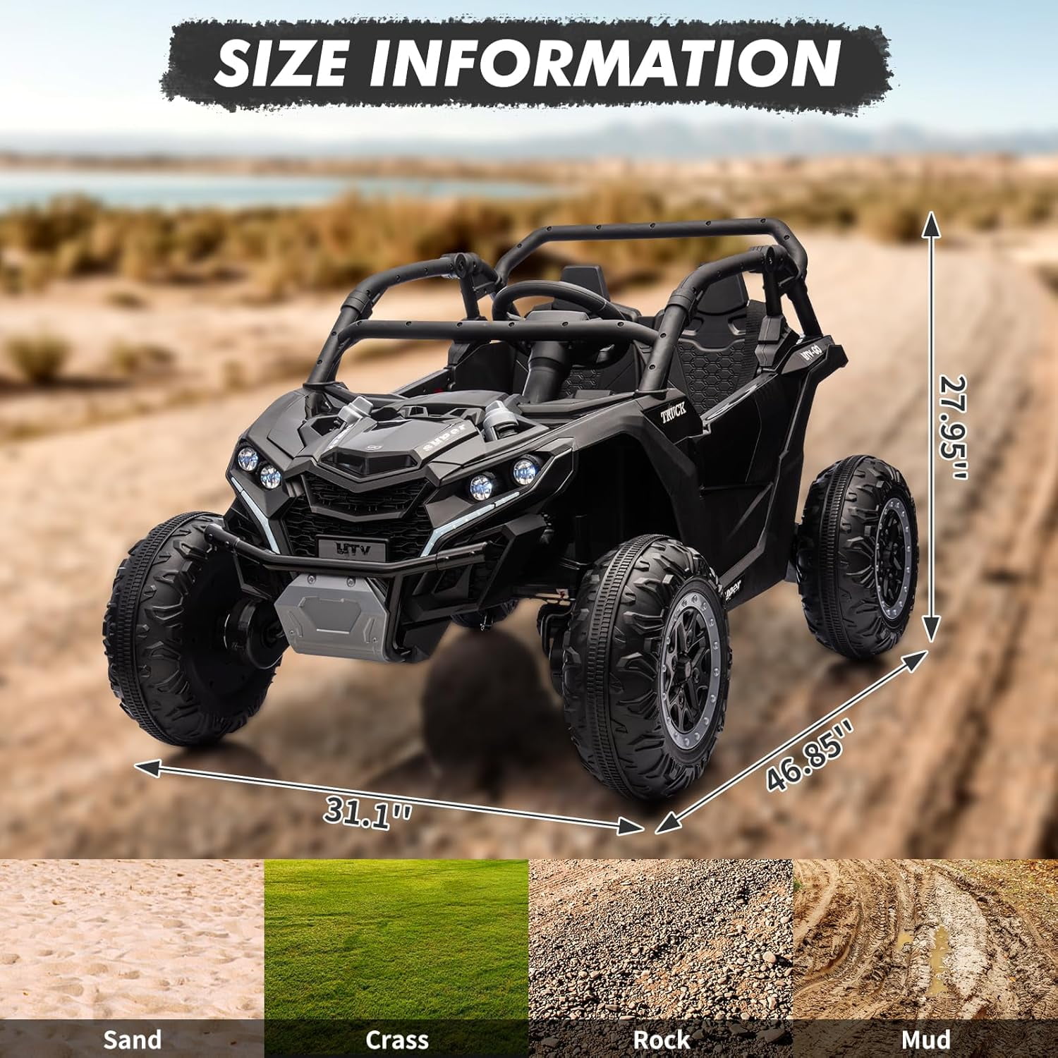 24V Ride on ATV or Kids, 2 Seater 4WD Powered ATV Car with Remote Control, LED Lights, 4 Shock Absorber, 3 Speeds, Horn, Music(Black)