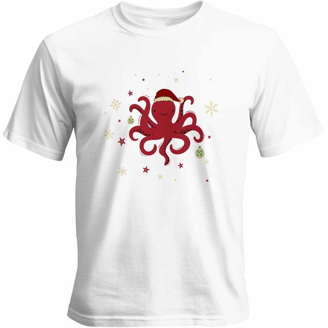 Camisetas gráficas informales de manga corta con pulpo navideño rojo para hombre
