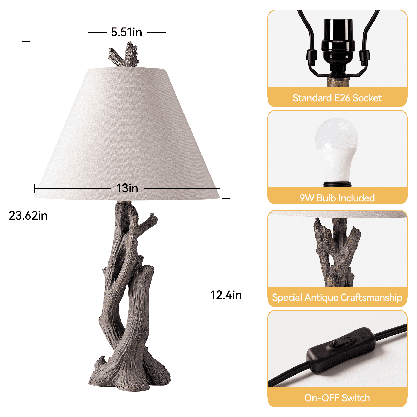 SUNMORY 24'' Table Lamp with Antler Decor for Living Room, Farmhouse Bedside Desk Lamps, 9W 3 Color Temperatures Night Light, Resin Base & Pole, Nightstand Vintage Lamps for Bedroom
