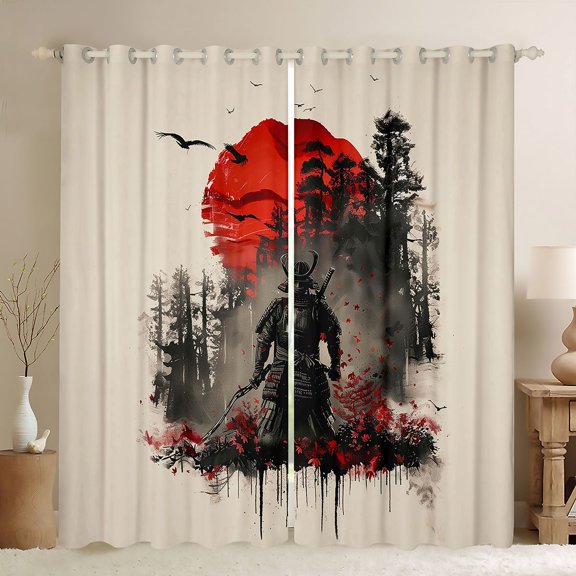 Manfei Art Samurai Black Out Curtains for Teens, Red Sun Forest Curtains Pack of 2 (42x63 Each) for Dorm, Black Red Beige