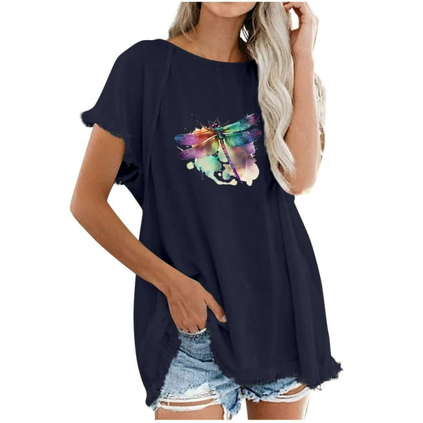 Camiseta informal para mujer, blusa estampada con cuello redondo y manga corta, Tops OAVQHLG3B Store lin121212