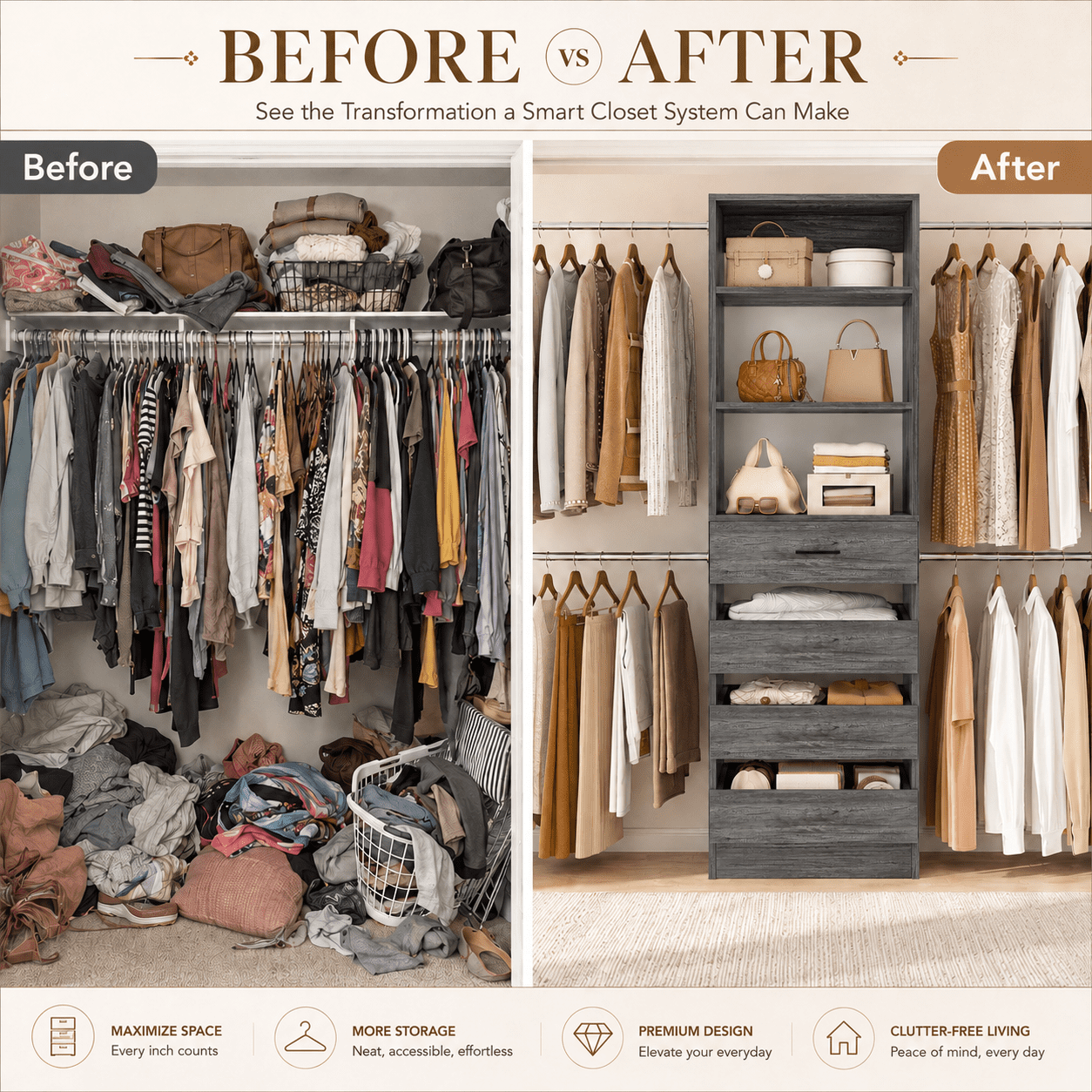 Homieasy 4-9 Ft Adjustable Wooden Closet Organizer System with 4 Drawers, 4 Hanging Rods & Shelving Towers - Heavy Duty Walk-in Wardrobe Rack, Space-Saving Design, Easy Assembly,Gray Oak
